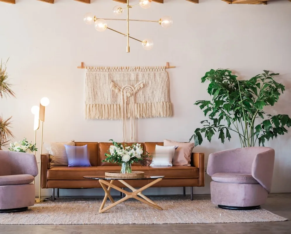 Salon bohème chic, macramé, plantes et lumière douce
